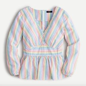 J. Crew Women's Rainbow Striped V-Neck Seersucker Peplum Top Blouse Size 12